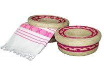 2 Pack Mexican Handmade Palm Baskets with lid and 1 Woven Napkin Cloth (servilleta Mexicana) 100% Cotton Eco Friendly Tortilla Warmer (tortillero) for Party Fiesta Decoration (Pink)