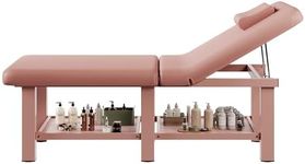 30.5'' Wide × 75'' Long Folding Stationary Massage Table with Backrest and Storage Space for Treatment Table Physical Therapy Table Spa Facial Bed, 6 Square legs, Metal Frame PU Leather - Pink