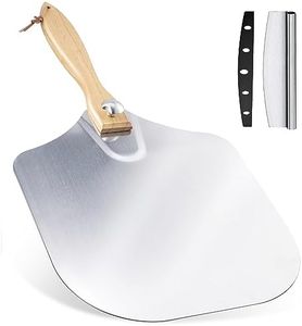 Ninonly Aluminum Pizza Peel 30.5x35.5cm Pizza Paddle with Foldable Wood Handle, Metal Pizza Spatula with Rocker Cutter for Easy Storage&Clean, Pizza Tools for Pizza Oven Baking Pizza Bread Pastry