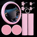 10 Pc Pink Leather Steering Wheel Cover Set - with Seat Belt Pads, Cup Holders, Bling Buttons