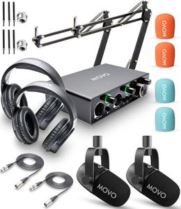 Movo Podcast Equipment Bundle for 2 with USB Audio Interface and 2 CastMic Dynamic Podcast Microphone Bundle with Mic Boom Arms and Headphones for Podcasting, Streaming, and Musicians - Podcast Kit