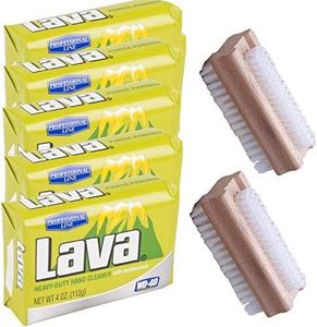SPARKLEN. Lava Hand Cleaner Heavy-Duty Pumice (Professional Line) soap with Moisturizers, 5-bars [4 OZ each] and 2 Wooden Nail Brushes
