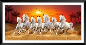 Canvas pe 7 Running white horses vastu painting Blessing horse abstract sunrise laminated coated photo frame artwork for living office decor 14x26 inch Black wood frame