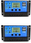 QWORK® 2PCS Solar Charge Controller, 30A 12V/24V Solar Panel Battery Intelligent Regulator with 5V Dual USB Port Light Timer Control LCD Display