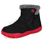 Girls Boys Barefoot Shoes Little Kids Snow Boots Minimalist Winter Shoes Wide Toe Box Warm Fur Lined Slip on Ankle Outdoor Booties Non-Slip Zero Drop Sole (Black Red, 34, 2.5 US Little Kid)