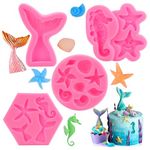 GOTRUST Mermaid Silicone Cake Moulds, 4PCS DIY Marine Theme Fondant Mould Set, 3D Mermaid Tail Baking Molds, Marine Animals Seashell Candy Mold for Chocolate Cupcake Decorations