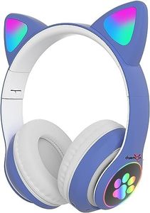Daemon Bluetooth Headphones for Kids, Cute Ear Cat Ear LED Light Up Foldable Headphones Stereo Over Ear with Microphone/TF Card Wireless Headphone for iPhone/iPad/Smartphone/Laptop/PC/TV (Blue)