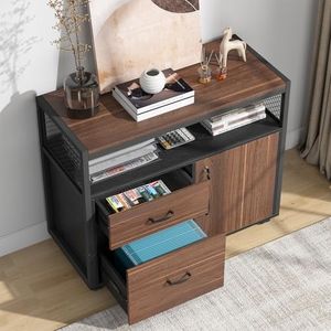 Tribesigns Modern File Cabinet with Drawers for Letter-Sized File and Door, Lockable lateral Filing Cabinet Printer Stand with Storage Shelves and with Rolling Caster for Home Office (Dark Walnut)