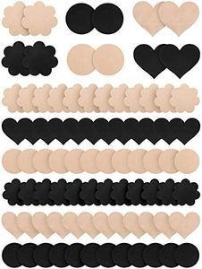 Women Breast Covers Disposable Bra Pasties Adhesive Round Heart Petals Bra Satin Bra Cover (Black and Beige, 30 Pairs)