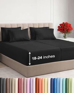 Extra Deep Split King Sheet Set - 7 Piece Breathable & Cooling Sheets - Hotel Luxury Bedding Set w/18-24 Inch Extra Deep Pockets - Easy Fit - Super Soft, Wrinkle Free & Comfy - Black, Split King Size