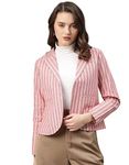 Cottinfab Women Pink & White Cotton Striped Front Open Blazer