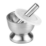 Flexzion Brushed Stainless Steel Mortar and Pestle Set w/Lid, Anti-Slip Bottom - Solid Metal Grinder Pill Crusher Bowl Holder for Guacamole Herbs Spices Garlic/Kitchen Cooking Medicine 4-3/4 Inch