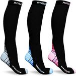 Physix Gear Sport 3 Pairs of Compression Socks for Men & Women in (Black/Blue + Black/Grey + Black/Pink) L-XL Size