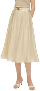 GOELIA Women's A-Line Midi Skirt with Belt, Summer Tencel Acetate Linen Blend Pleated Side Pockets Work Casual Wedding Guest (US, Alpha, Medium, Regular, Regular, Dusty Beige)