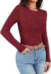 Ekouaer Women Long Sleeve Tops Fitted Ribbed Thermal Shirts for Women Crew Neck Undershirt Basic Layering Under Scrubs Sweater Burgundy Red M