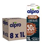 Alpro Chocolate Soya High Protein Plant-Based Long Life Drink, Vegan & Dairy Free, 1 Litre (Pack of 8)