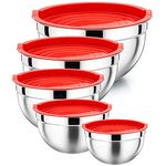 HaWare Mixing Bowl Set of 5, Stainless Steel Metal Bowl with Airtight Lids, Nesting Bowls for Kitchen Mixing Baking & Serving, Size 4.5/3/1.5/1.2/0.7QT, Heavy Duty & Dishwasher Safe (Red)