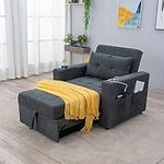 Panana Single Sofa Bed Sleeper Pull-out 3 in 1 Recliner with Built-in USB Ports and Cup Holder Portable Pillow Lounge Couch Living Room Furniture - Grey Linen Fabric