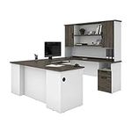 Bestar Norma U or L-Shaped Executive Desk with Hutch, 71W, Walnut Grey & White