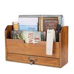 Flexzion 3 Tier Wooden Desk Organizer - Country Rustic Mail Organizer Countertop Compartments Slot File Tray Pencil Sorter Shelf Holder Accessories Set with Storage Drawer for Home Office, Brown