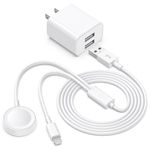 Upgraded for Apple Watch Charger, 6FT 2-in-1 USB to iPhone and iWatch Charger Magnetic Fast Charging Cable + Dual USB Wall Charger for Apple Watch Series Ultra/9/8/7/6/5/4/3/2/1/SE & iPhone 14/13/12