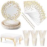 Nkaiso Party Tableware 126 Piece White Gold Paper Supplies Set Includes Birthday Paper Plates Napkins Cups Straws for Wedding Shower Engagement Wedding Birthday-25 Guests