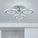 Modern Crystal Chandelier Flush Mount Stainless Steel Pendant Ceiling Lamp 3-Rings Round LED Light Fixtures for Living Room Bedroom Restaurant Porch Dining Room (Cool White)