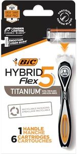 BIC Flex 5 Hybrid Disposable Razors for Men, 1 Handle and 6 Cartridges With 5 Blades, 7 Piece Razor Set for Men