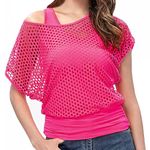 Women's Casual Sexy 80s Outfit Costume Fishnet Off Shoulder T-Shirt, 90s Outfit Short Sleeve Neon Tops