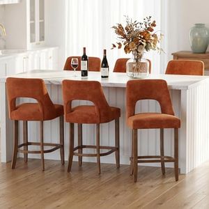 UVV Bar Stools Set of 6, Upholstered Counter Height Bar Stools, Modern Counter Stools with Wood Legs for Kitchen Island Dining Room Bar, Orange