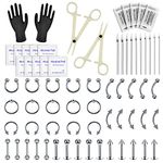 Piercing Kit - Rayyl 64pcs Piercing Kit with 14G 16G Stainless Steel Piercing Needles Piercing Clamps for Lip Tongue Tragus Eyebrow Belly Tongue Helix Ring Hoop Nose Ear Rings Studs Piercing Jewelry Complete Piercing Kit Piercing Supplies