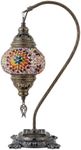 Kafthan Turkish Moroccan Mosaic Lamp – Handmade Glass Swan Neck Bedside Lamp with Antique Brass Base, Ideal Decor for Bedroom, Office, Living Room – Bulb Included (Multicolor Center Star)