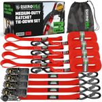 Rhino USA Ratchet Tie Down Straps (4PK) - 1,823lb Guaranteed Max Break Strength, Includes (4) Premium 1" x 15' Rachet Tie Downs with Padded Handles. Best for Moving, Securing Cargo (Red 4-Pack)