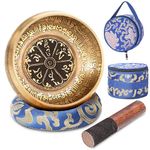 SHANSHUI 5 inch Tibetan Singing Bowl, Nepal Antique Mantra Carving Hand Hammered Sound Bowl Set For Yoga Chakras Healing Meditation Zen With Leather Striker -Blue