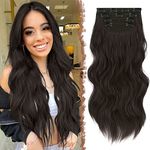 FESHFEN Clip in Hair Extensions 4PCS Black Brown Thick Hair Piece Long Wavy Clip in Extensions Full Head Synthetic Fiber Hairpieces for Women, 20 Inch 180g