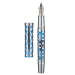 Hongdian D1 Piston Fountain Pen Fine Soft Nib, Silver Blue Hollow Skeleton & Resin Pen with Metal Case Set