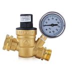 Water Pressure Regulator Valve 3/4" NH Brass Lead-free Adjustable Water Pressure Reducer with Gauge for RV Camper, and Inlet Screened Filter