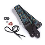 KLIQ Vintage Woven Guitar Strap for Acoustic and Electric Guitars + 2 Free Rubber Strap Locks, 2 Free Guitar Picks and 1 Free Lace | '60s Jacquard Weave Hootenanny Style | Turquoise & Coffee Paisley