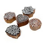 Hashcart | Set of 5 | Wooden Handmade Lotus & Rose Block Printing Stamps - Fabric Stamps for DIY Craft Card Making, Art Crafts, Project Designing Pottery Tattoo Print