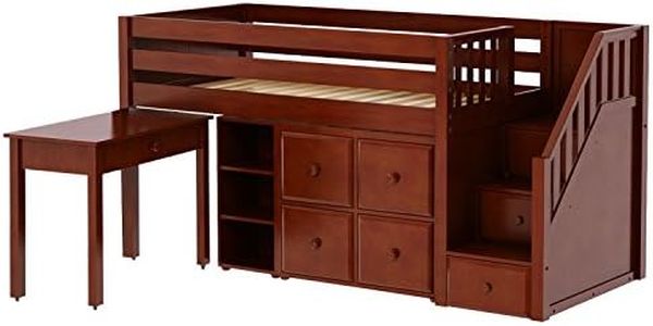 Maxtrix Solid Hardwood Twin-Size Low Loft Bed with Storage Staircase Entry, Cube Dresser, Bookshelf, and Study Desk, Chestnut