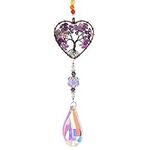 Amethyst Healing Crystal Stone Sun Catchers for Windows, Tree of Life Tandem Natural Quartz Gemstone Pendant Rainbow Maker Suncatcher, Spiritual Gifts for Women