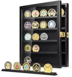 TJ.MOREE Military Challenge Coin Display Case, Coin Display Holder Wall Mount with Removable Shelves, Shadow Box for Medals Pin Badges Buttons