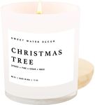 Sweet Water Decor Christmas Tree Soy Candle | Pine Needles, Cedarwood, Cypress, and Evergreen Holiday Scented Candles for Home | 11oz White Jar + Wood Lid, 50+ Hour Burn Time, Made in the USA