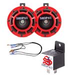 SHOP4U 110mm Red Train Horns – Super Loud 12V Air Horn Set for Cars, Vans, Scooters, Bikes, Trucks (2 Horns with Relay & Wire)