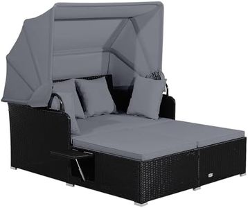 Tangkula Patio Rattan Daybed with Retractable Canopy, Patiojoy Wicker Sun Lounger with 2 Foldable Side Panels, Thick Seat & Back Cushions, for Garden, Backyard, Porch (Grey)