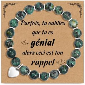 CheersLife Cadeau Femme Bracelet Femme Idee Cadeau Anniversaire Noël Bracelet Pierre Naturelle Vert Bracelets de Perle Avec Pendentif en Cœur Cadeau Original pour Maman Fille Soeur Amie Ado Couple