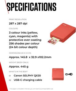 Canon SELPHY QX20 Portable Wi-Fi Printer – Dye Sublimation, USB-C, Red