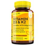 Vitamin D3 3000iu & K2 100ug (MK7) – 120 Vitamin D3 K2 Vegetarian Capsules – Supports Normal Bones, Muscles, Teeth and Immune System – Cholecalciferol & Menaquinone-7 – Made by Nutravita