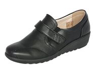 Cushion Walk EEE Wide Fitting Women's Ladies Lightweight Black Leather-Lined Touch Fastening Low Wedge Shoes, Casual Work Office Comfort Shoes (Black, Numeric_6)