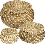 Dicunoy Set of 3 Small Wicker Basket with Lid, Round Woven Seagrass Baskets, Little Handmade Rattan Storage Basket Box for Shelf, Home, Bathroom Decor